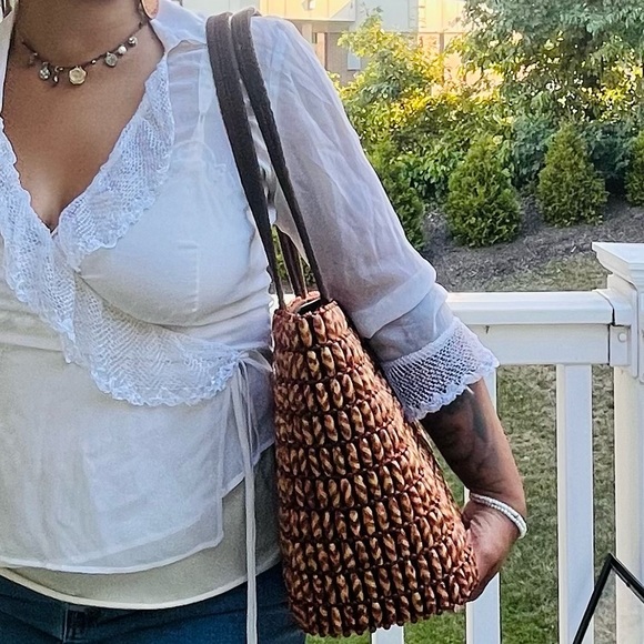 Brown Woven Beaded Tote Bag with Matching Wallet Size Purse - Picture 3 of 7